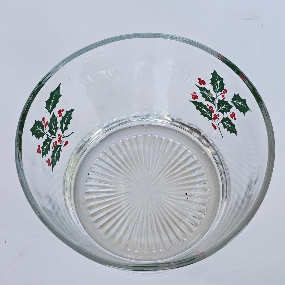 Vintage Christmas Glass Serving Bowl Holly Berry Pattern Holiday Tablescape